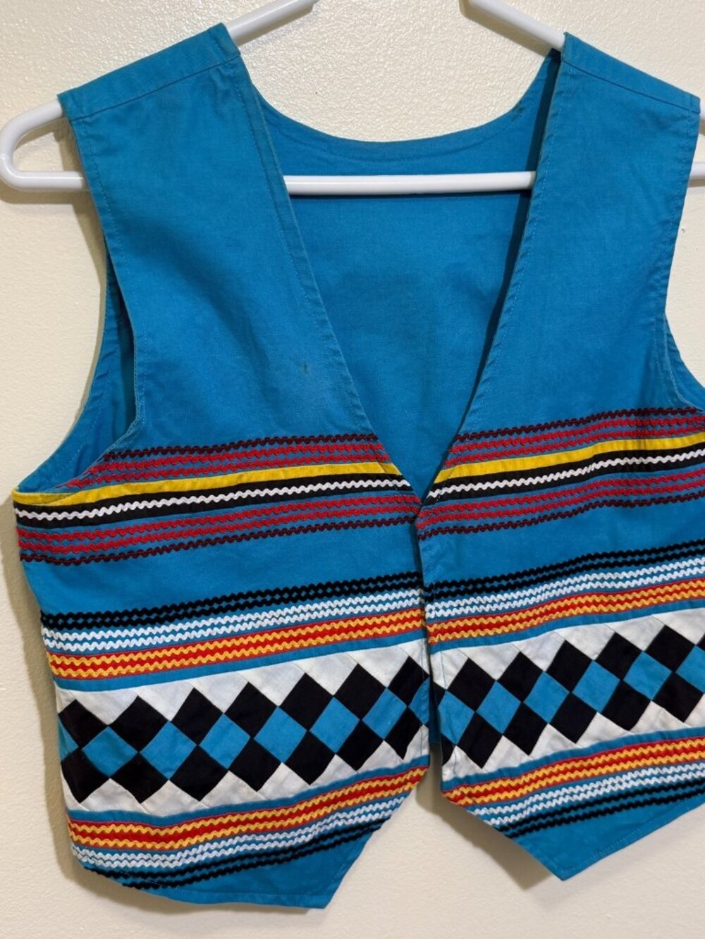 VINTAGE HANDMADE NATIVE AMERICAN SEMINOLE PATCHWORK RICKRACK BLUE TURQUOISE VEST